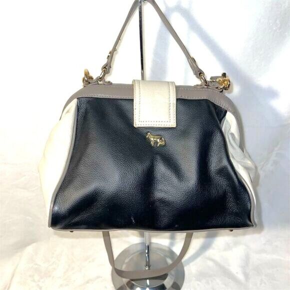 Emma Fox Women's Black, Cream & Taupe Leather Satchel Handbag Medium Size - Picture 3 of 14